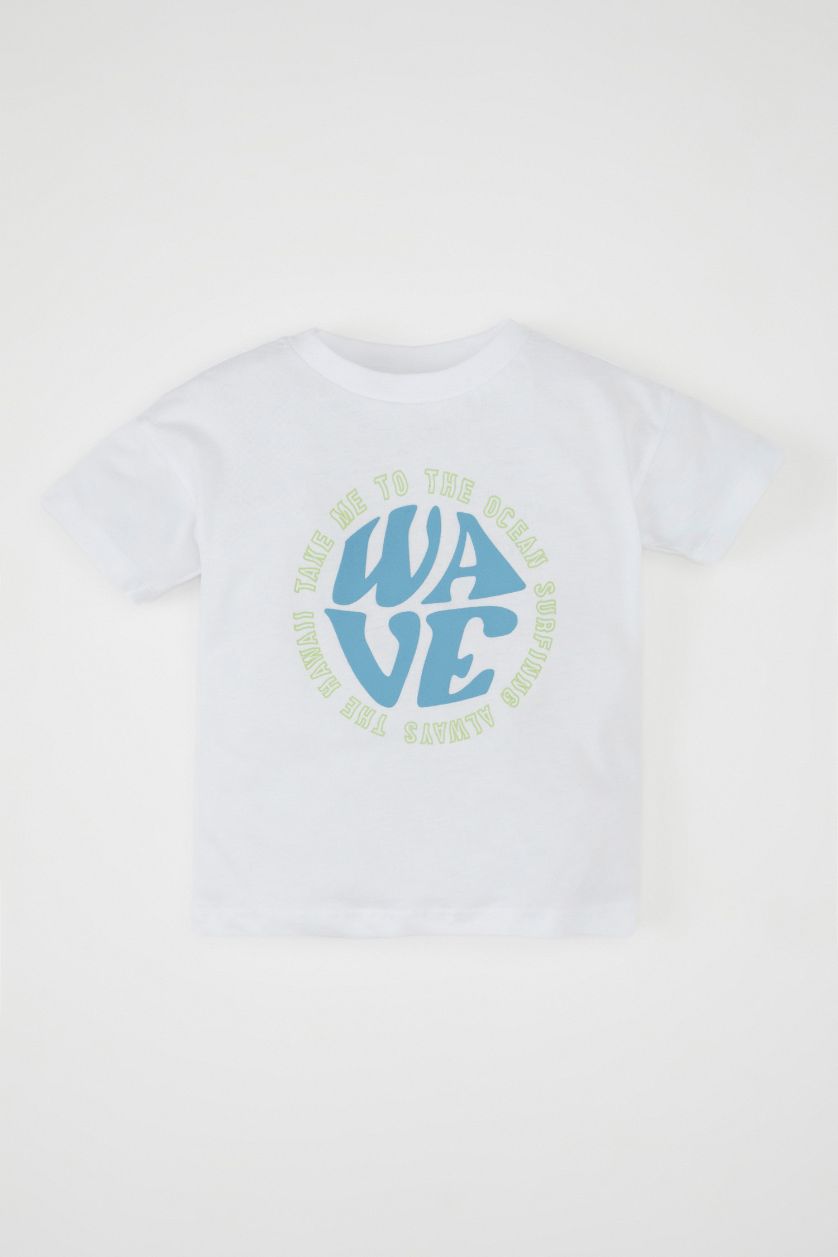 Erkek Bebek Beyaz Erkek Bebek Bisiklet Yaka Baskılı Kısa Kollu Tişört