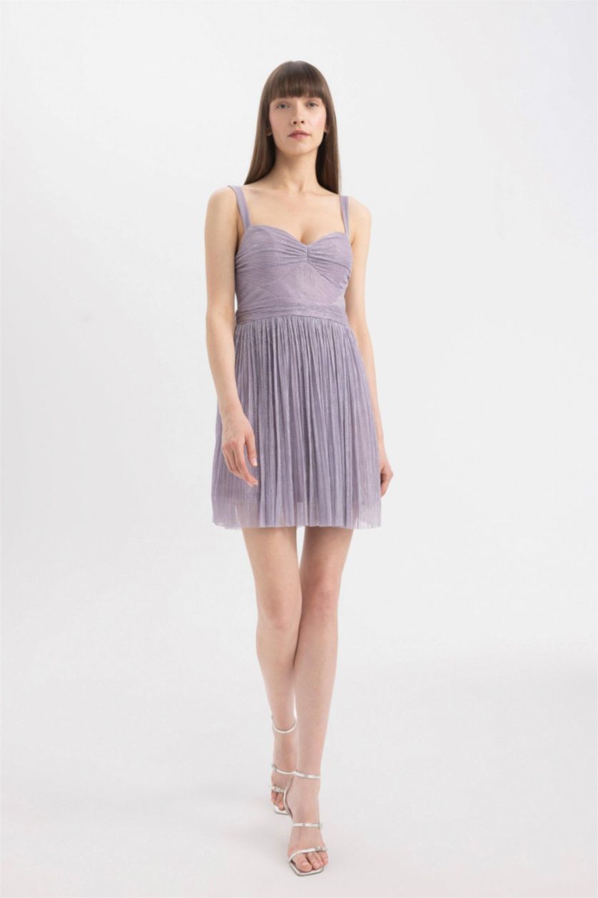 Kadın Lila Kalp Yaka Parlak Kumaş Askılı Mini Abiye Elbise