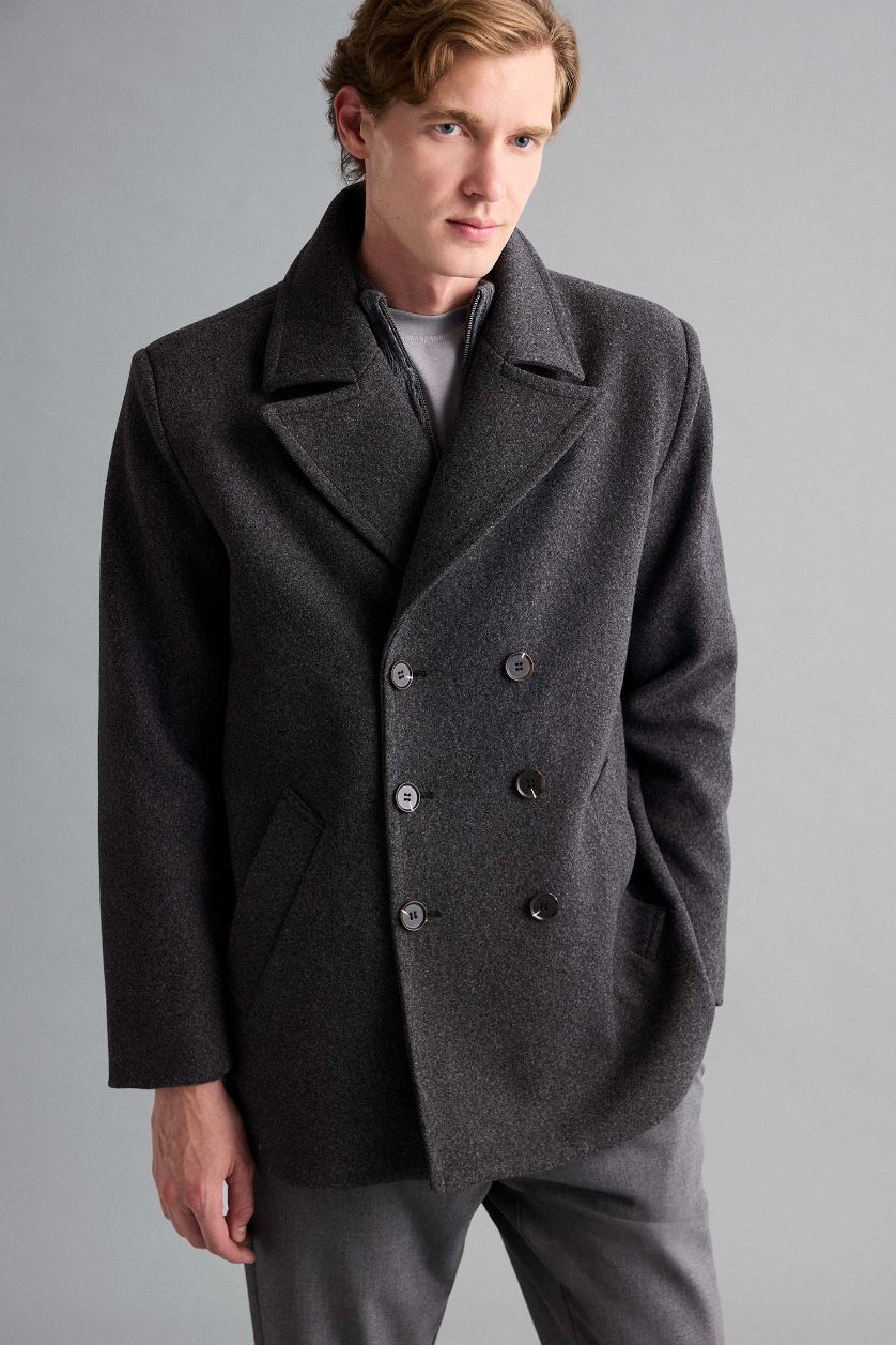 Erkek Antasit Melanj Slim Fit Dar Kesim Düğmeli Cepli Astarlı Kaşe Kaban Parka