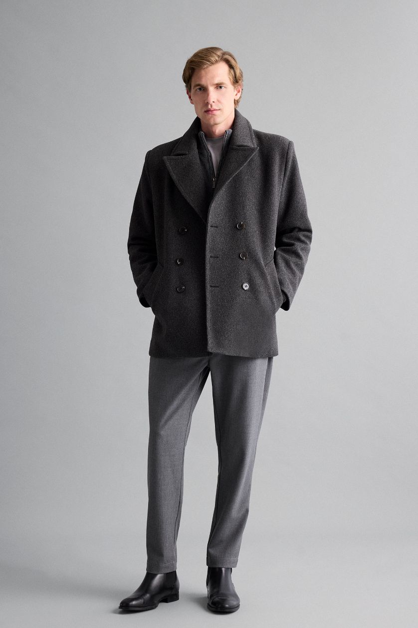 Erkek Antasit Melanj Slim Fit Dar Kesim Düğmeli Cepli Astarlı Kaşe Kaban Parka