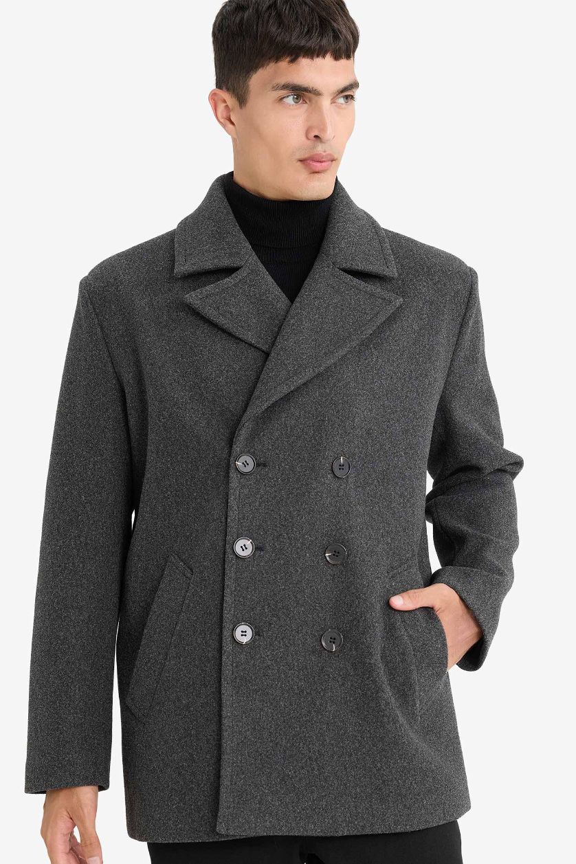 Erkek Antasit Melanj Slim Fit Dar Kesim Düğmeli Cepli Astarlı Kaşe Kaban Parka