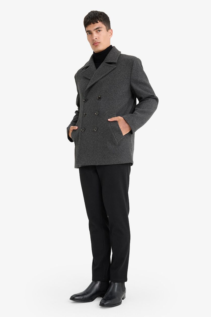 Erkek Antasit Melanj Slim Fit Dar Kesim Düğmeli Cepli Astarlı Kaşe Kaban Parka