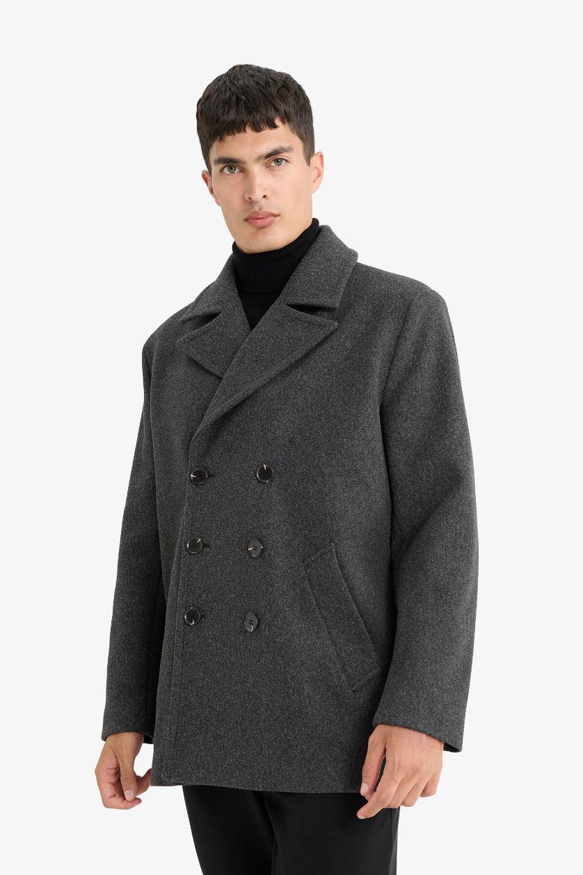 Erkek Antasit Melanj Slim Fit Dar Kesim Düğmeli Cepli Astarlı Kaşe Kaban Parka