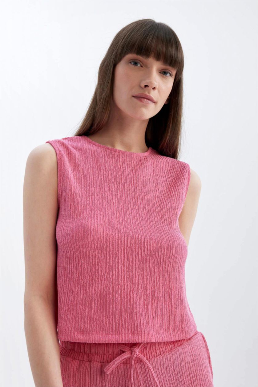 نساء زهري بلوزة كت منسوج قصة عادية برقبة مستديرة