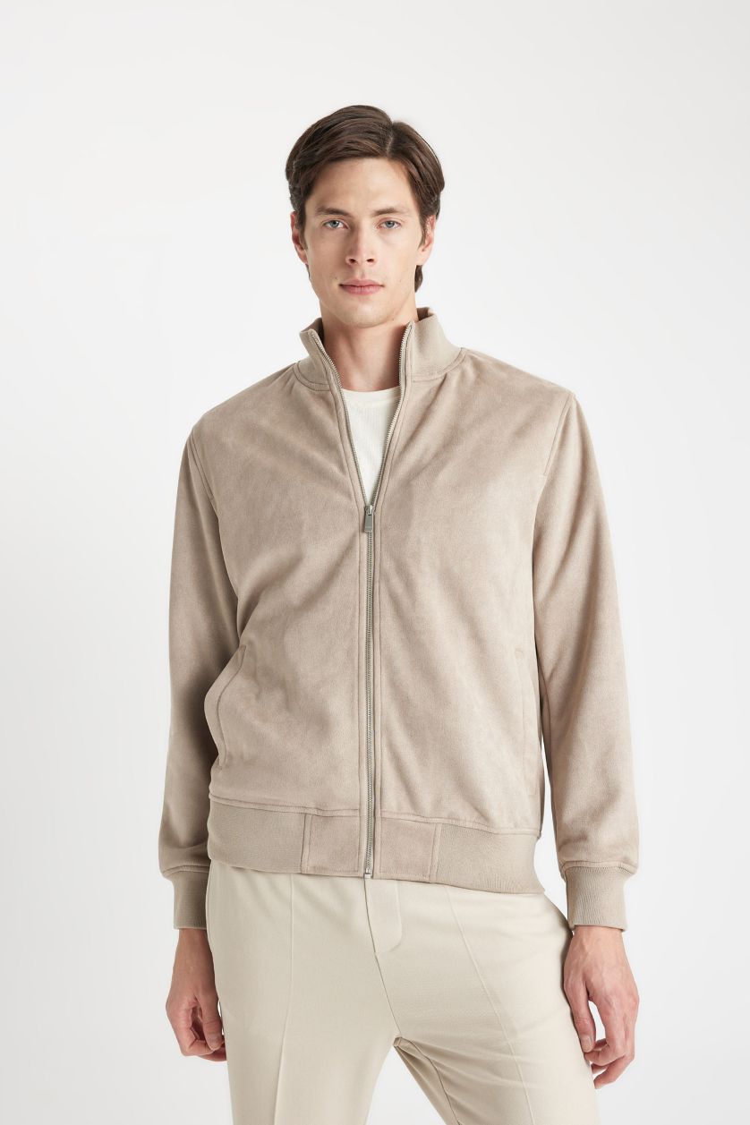 Man Light Stone Slim Fit College Collar Double Pocket Thin Velvet Bomber Jacket