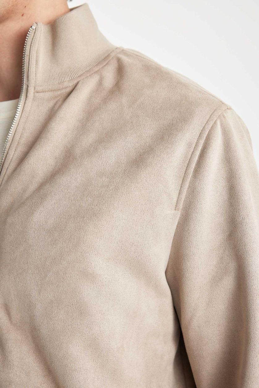 Man Light Stone Slim Fit College Collar Double Pocket Thin Velvet Bomber Jacket