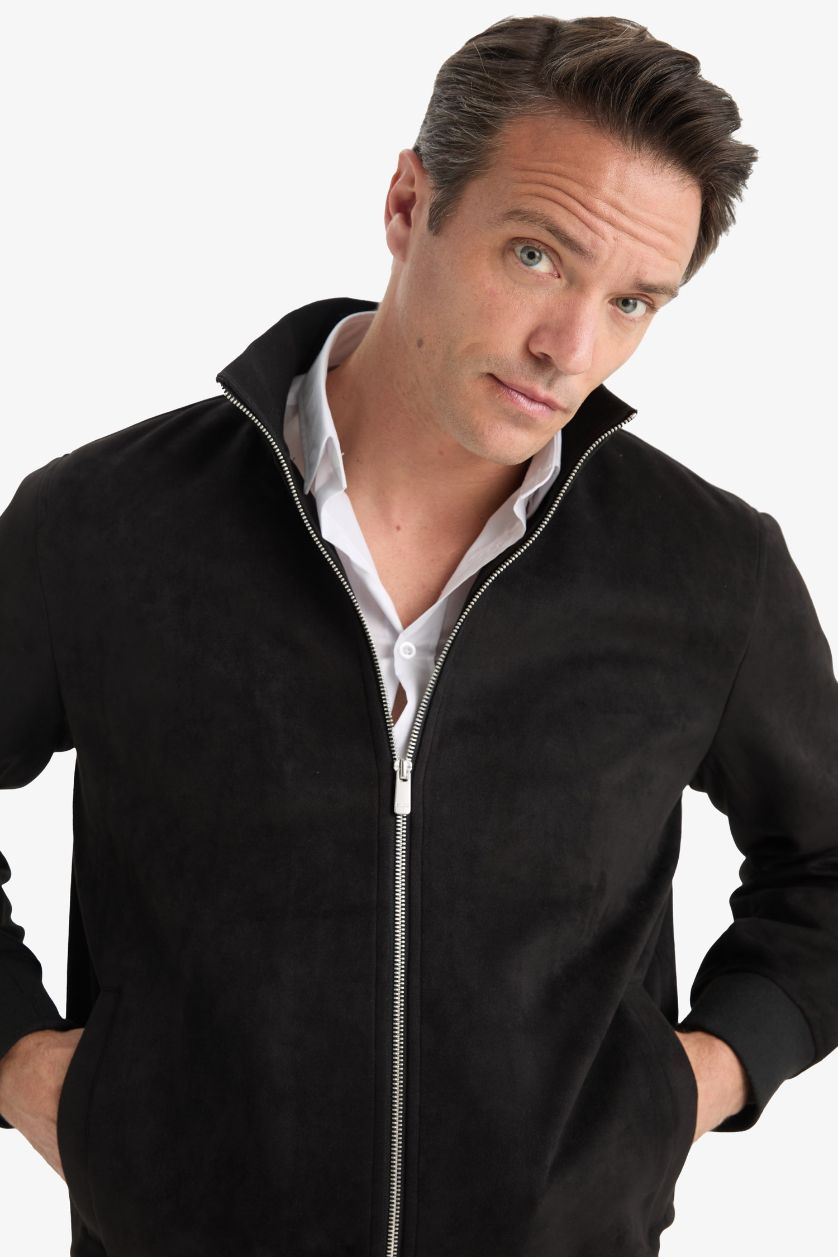 HOMME Noir Veste en suède slim fit zippée à col montant