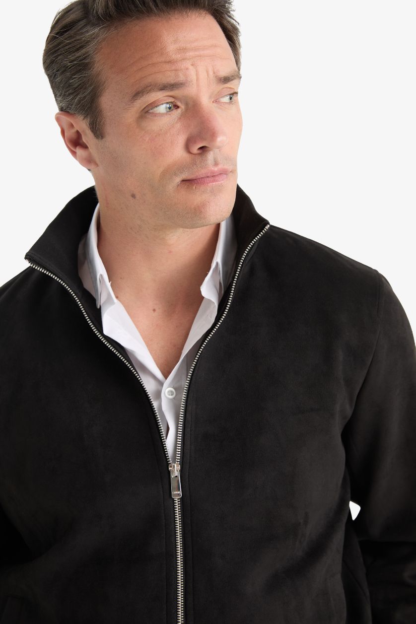 HOMME Noir Veste en suède slim fit zippée à col montant