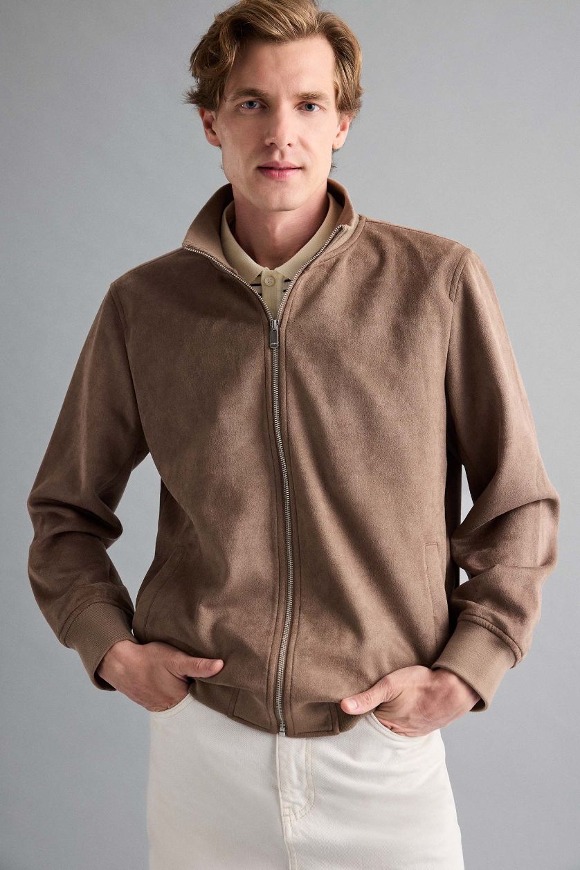 Мужчины Коричневый Узкий крой стойка замшевая куртка с молнией