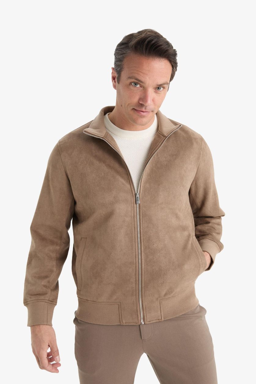 Мужчины Коричневый Узкий крой стойка замшевая куртка с молнией