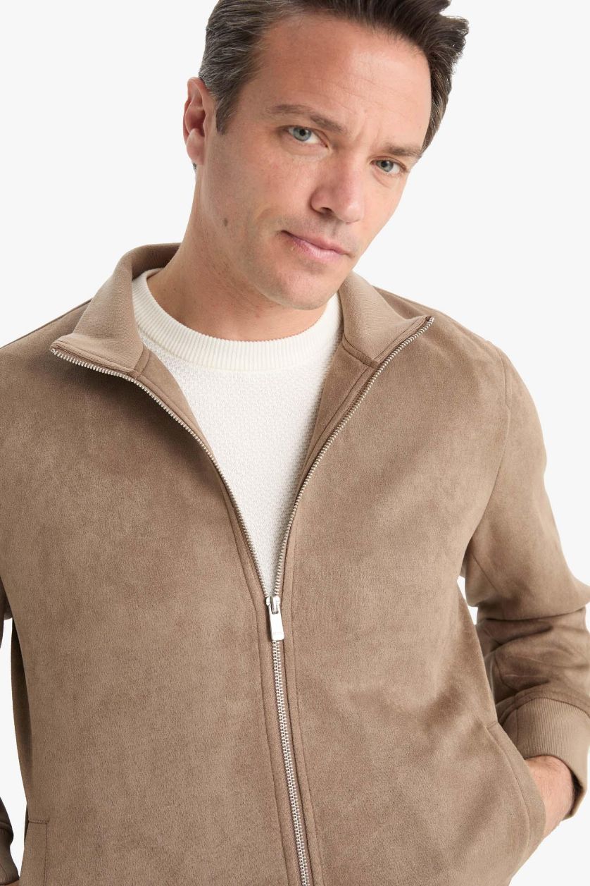 Мужчины Коричневый Узкий крой стойка замшевая куртка с молнией