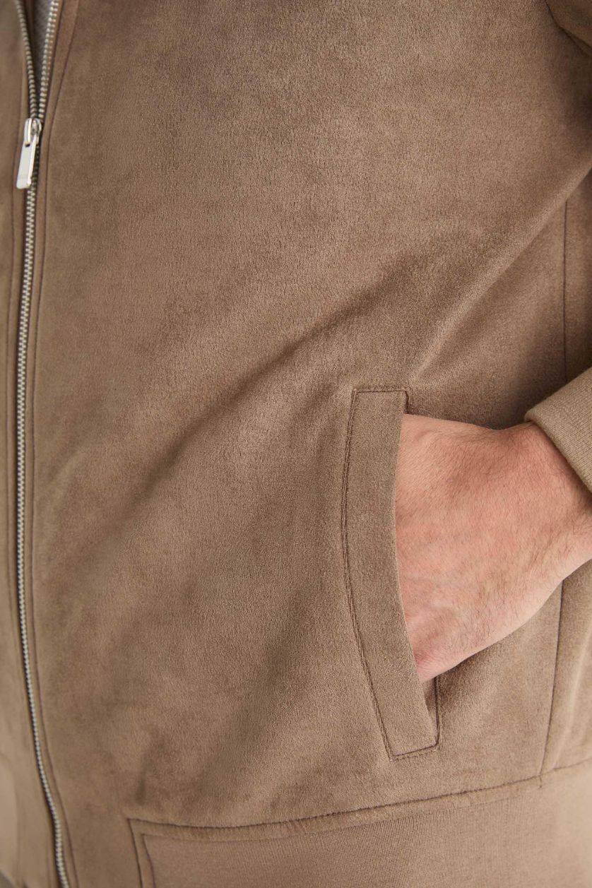 Мужчины Коричневый Узкий крой стойка замшевая куртка с молнией