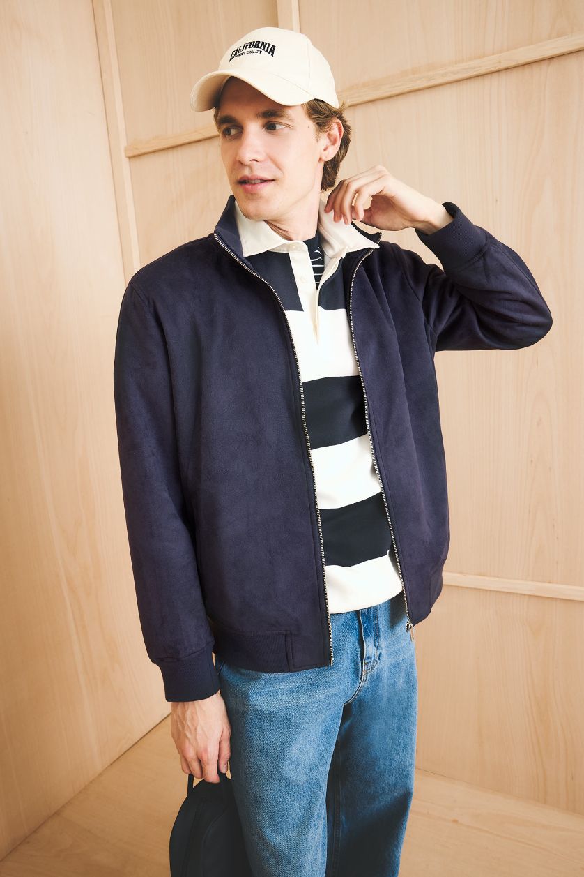 Erkek Lacivert Slim Fit Dar Kesim Dik Yaka Astarlı Fermuarlı Cepli Süet Mevsimlik Baharlık Mont