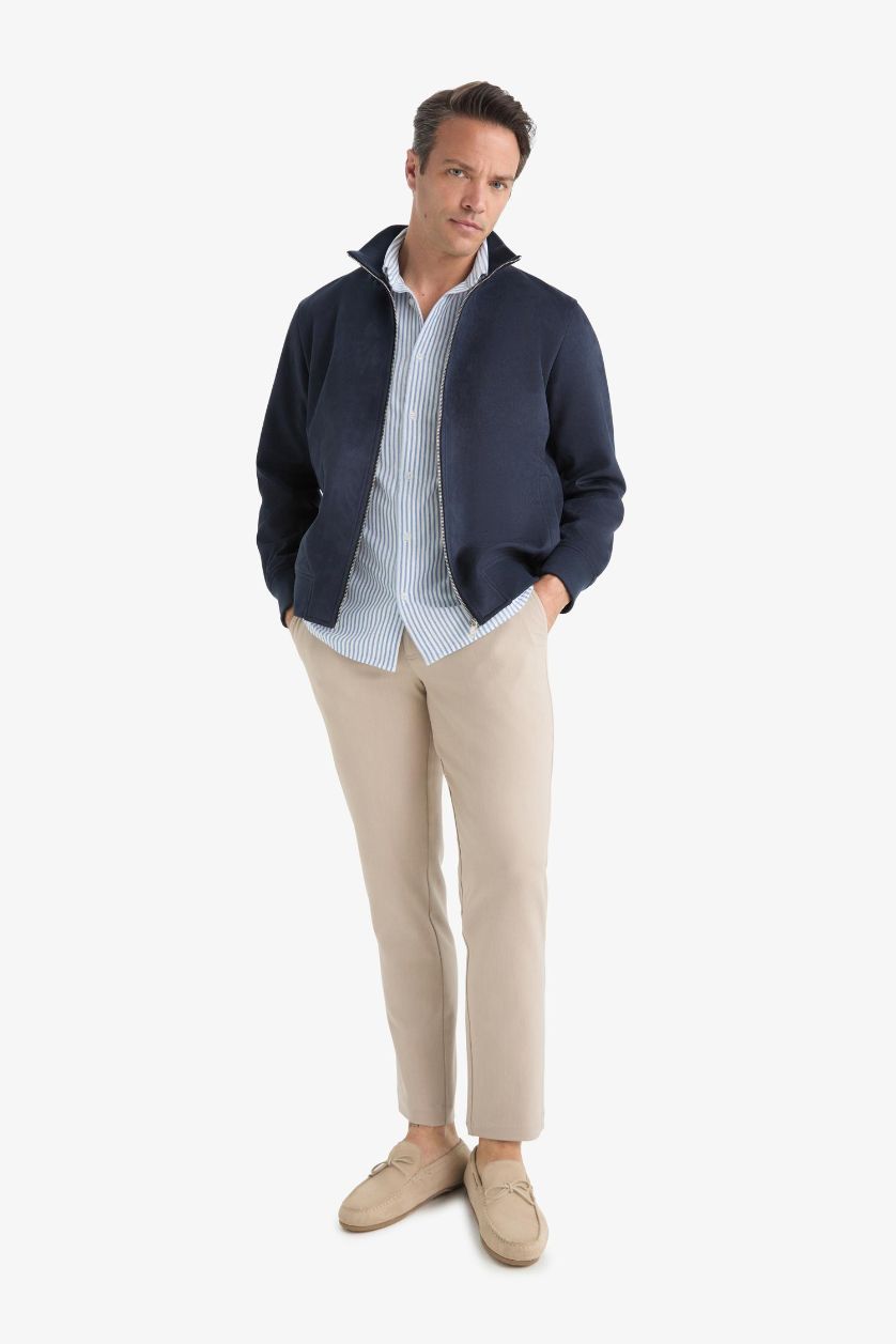 Erkek Lacivert Slim Fit Dar Kesim Dik Yaka Astarlı Fermuarlı Cepli Süet Mevsimlik Baharlık Mont