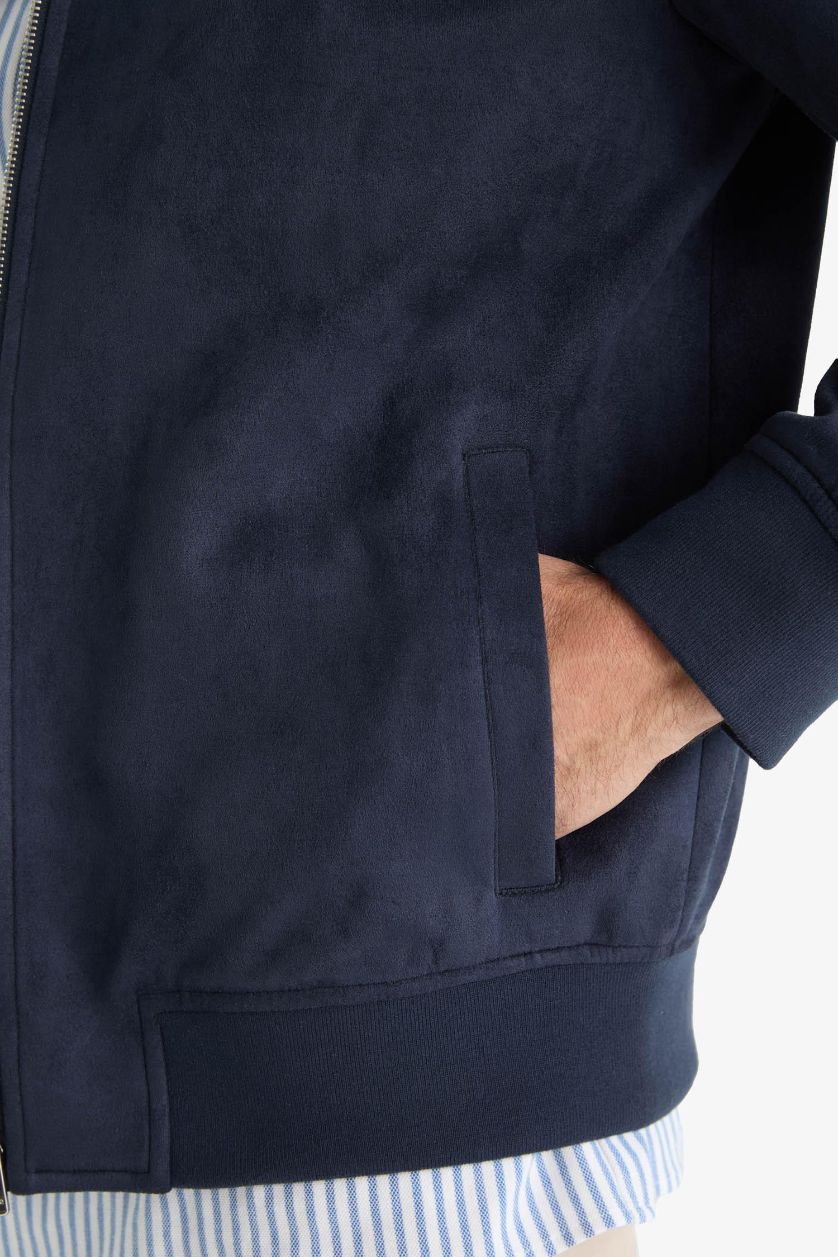 Erkek Lacivert Slim Fit Dar Kesim Dik Yaka Astarlı Fermuarlı Cepli Süet Mevsimlik Baharlık Mont