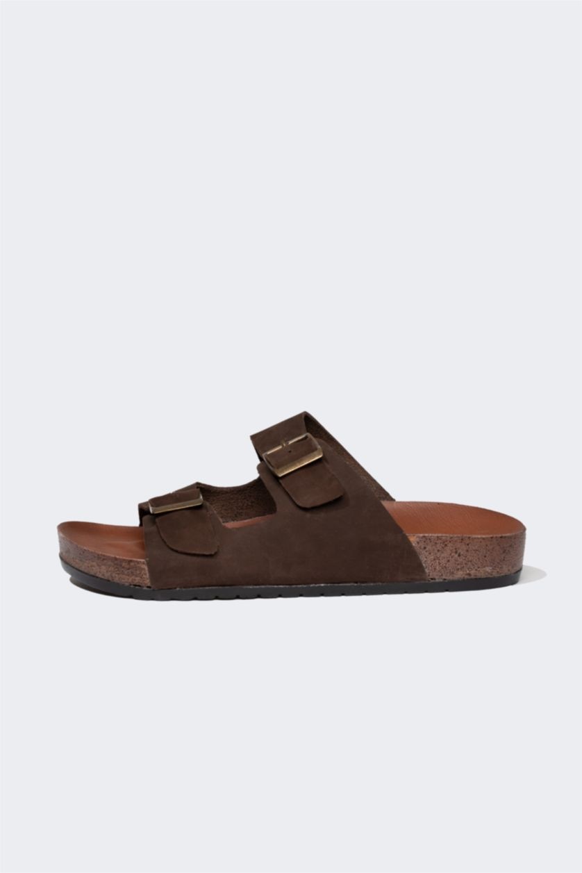 MAN Brown Man Flat Sole Double Banded Leather Slippers