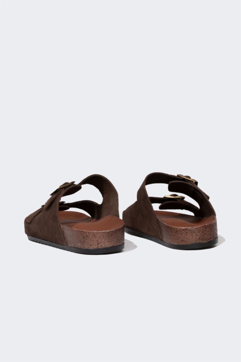 MAN Brown Man Flat Sole Double Banded Leather Slippers