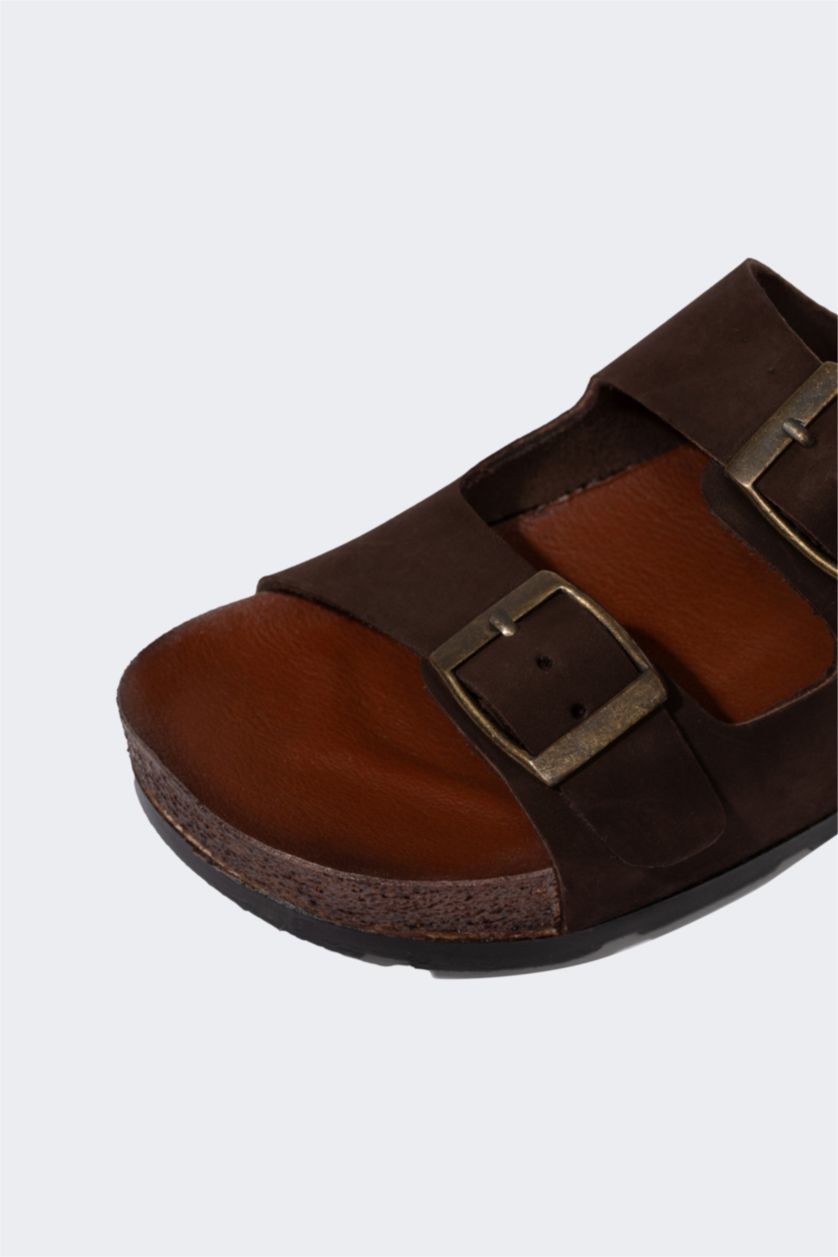 MAN Brown Man Flat Sole Double Banded Leather Slippers