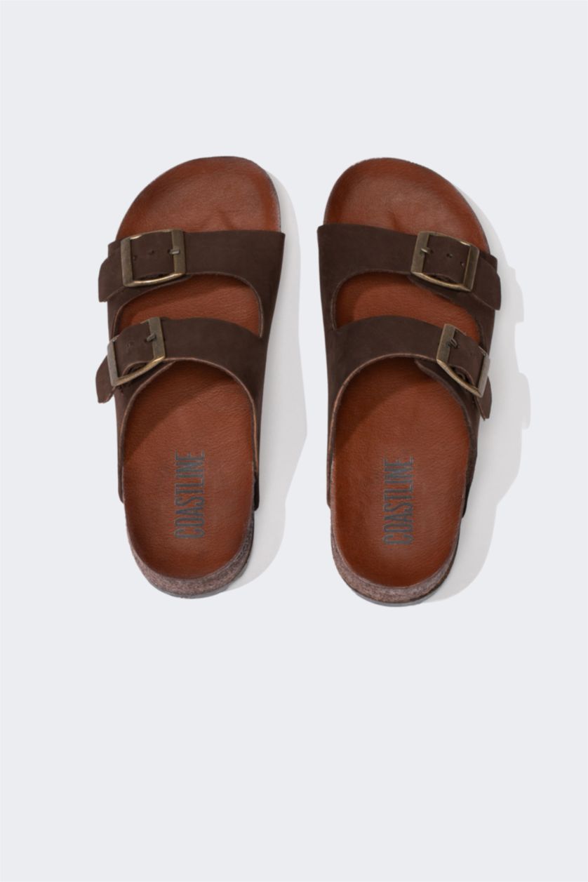 MAN Brown Man Flat Sole Double Banded Leather Slippers