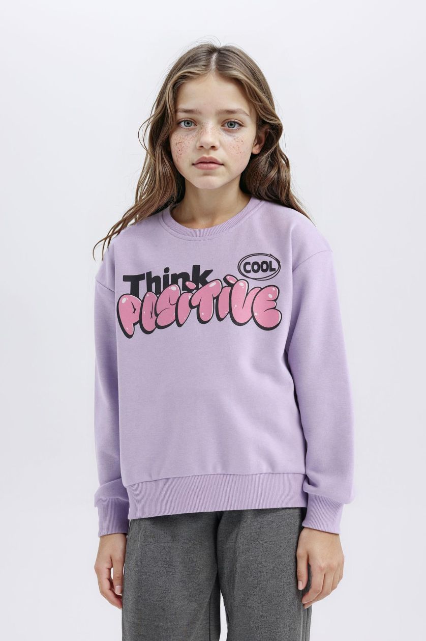 Kız Çocuk - Genç Kız Açık Lila Relax Fit Bisiklet Yaka Baskılı İçi Yumuşak Tüylü Sweatshirt Kız Çocuk
