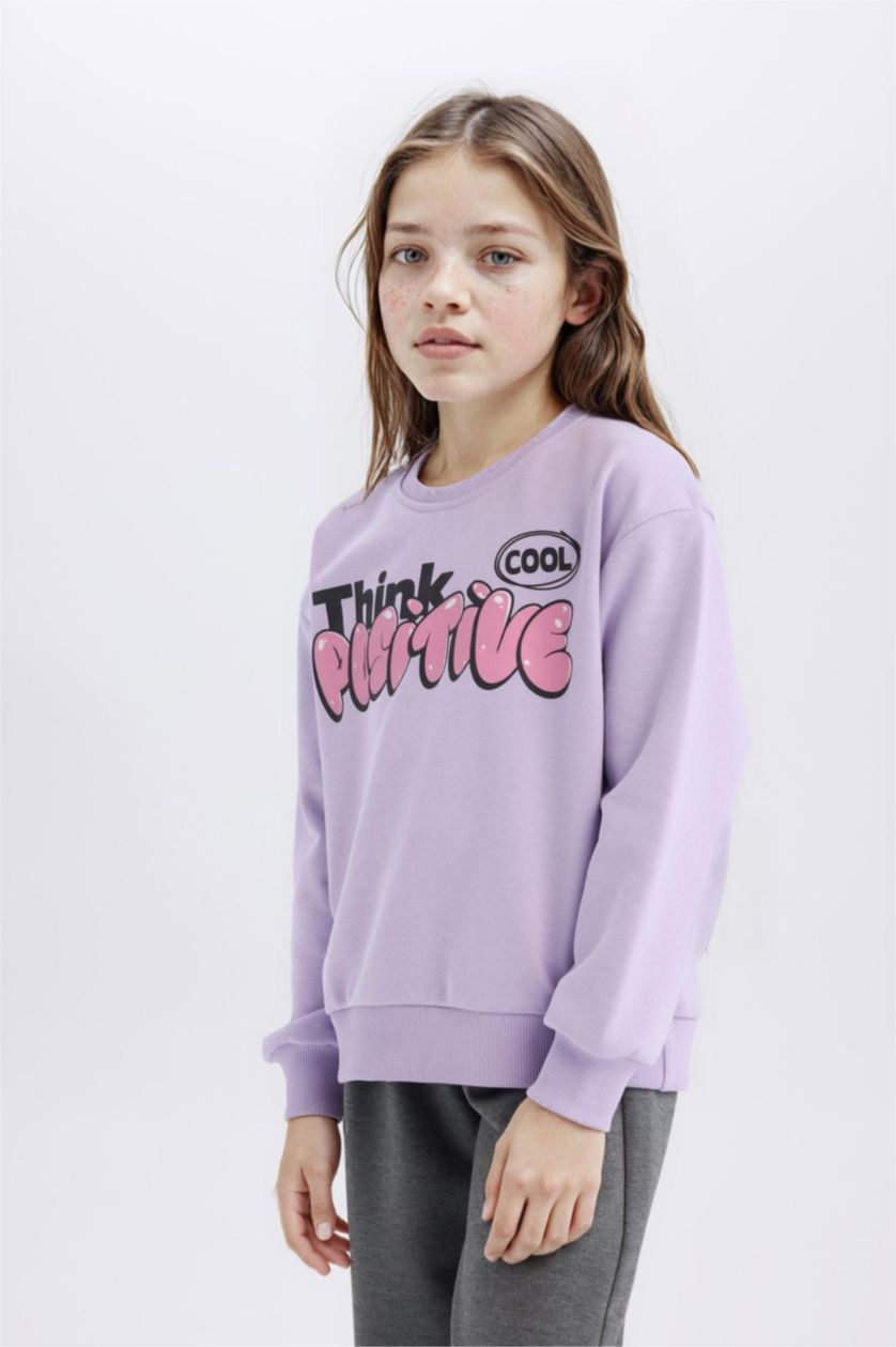 Kız Çocuk - Genç Kız Açık Lila Relax Fit Bisiklet Yaka Baskılı İçi Yumuşak Tüylü Sweatshirt Kız Çocuk
