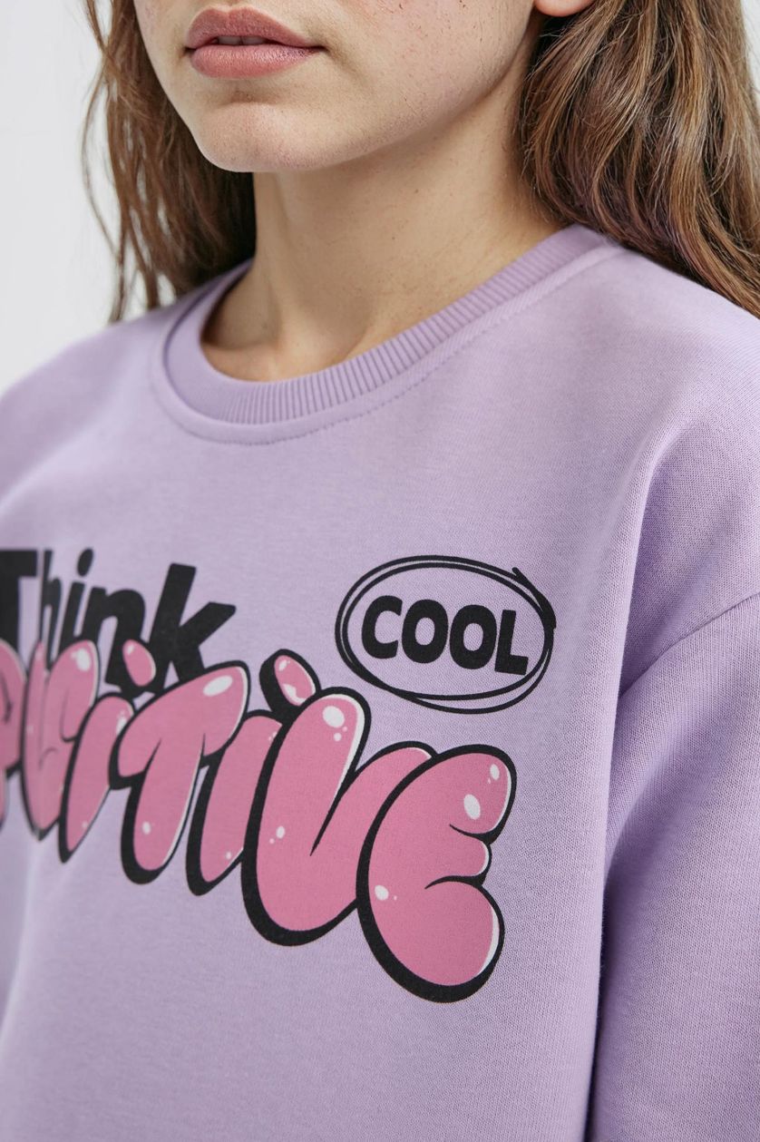 Kız Çocuk - Genç Kız Açık Lila Relax Fit Bisiklet Yaka Baskılı İçi Yumuşak Tüylü Sweatshirt Kız Çocuk