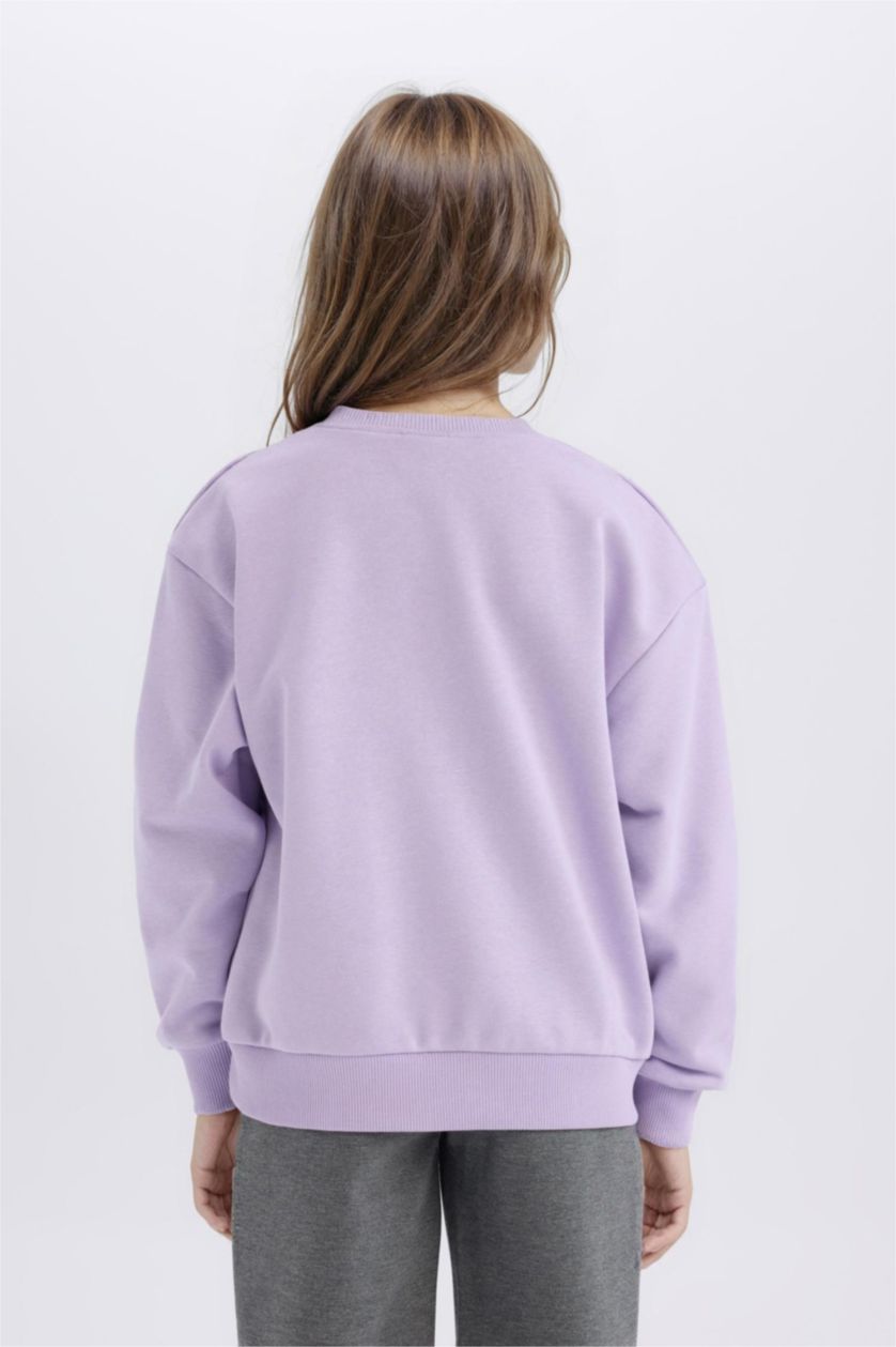 Kız Çocuk - Genç Kız Açık Lila Relax Fit Bisiklet Yaka Baskılı İçi Yumuşak Tüylü Sweatshirt Kız Çocuk