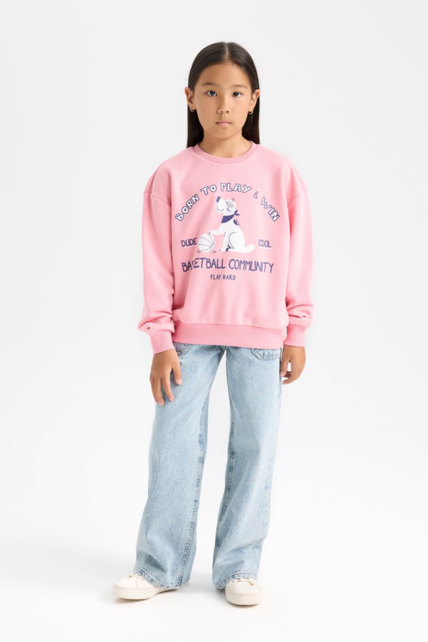 FILLES Rose Sweat-shirt imprimé à col rond Coupe Relax pour fille