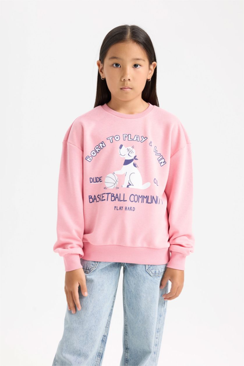 FILLES Rose Sweat-shirt imprimé à col rond Coupe Relax pour fille