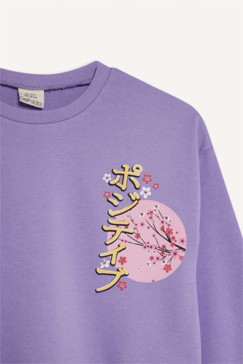 بنات أرجواني سويت شيرت مطبوعة قصة مريحة برقبة مستديرة