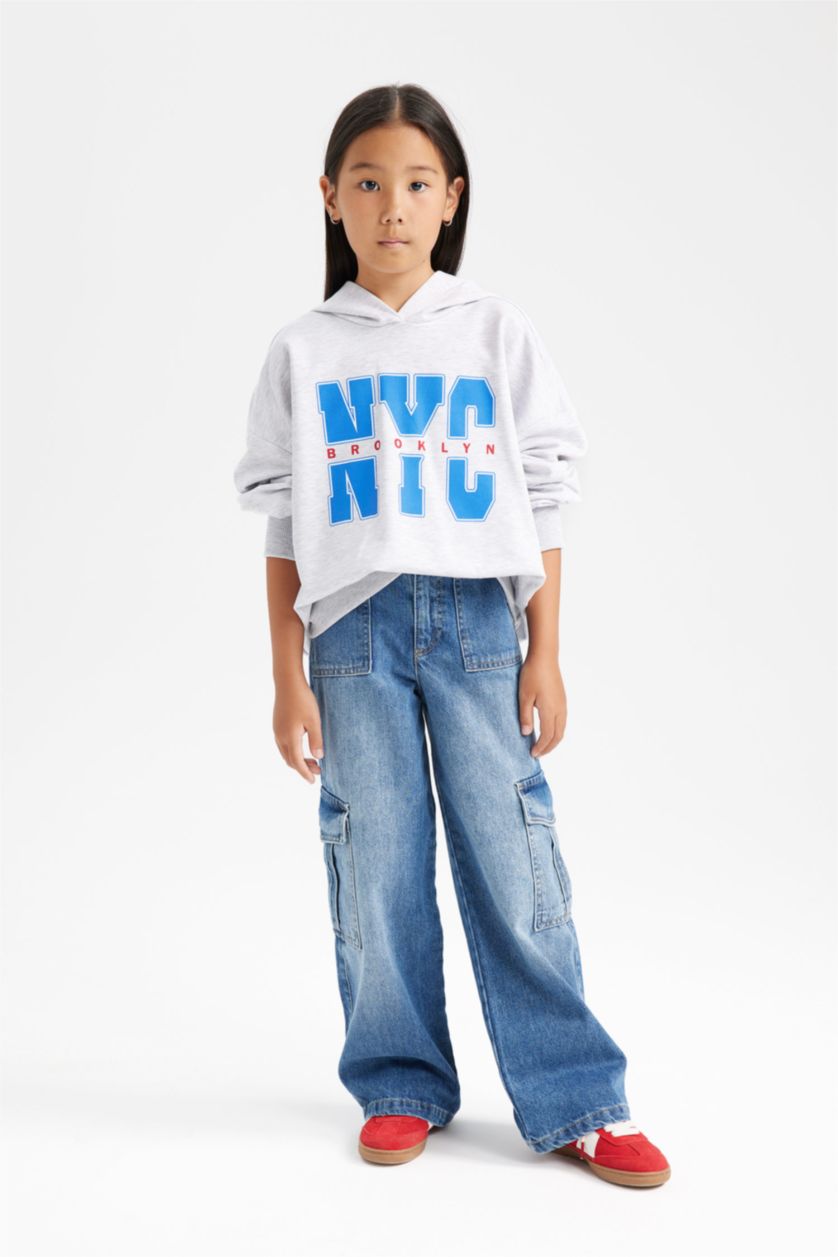 GIRLS & TEENS Light Grey Melange Girl Oversize Hooded Printed Soft Furry Inside Sweatshirt