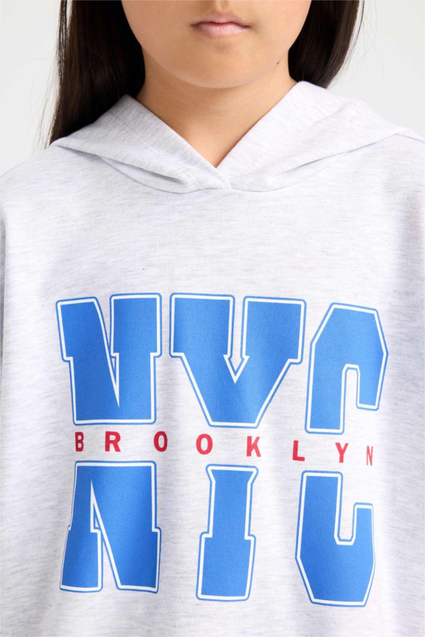 GIRLS & TEENS Light Grey Melange Girl Oversize Hooded Printed Soft Furry Inside Sweatshirt