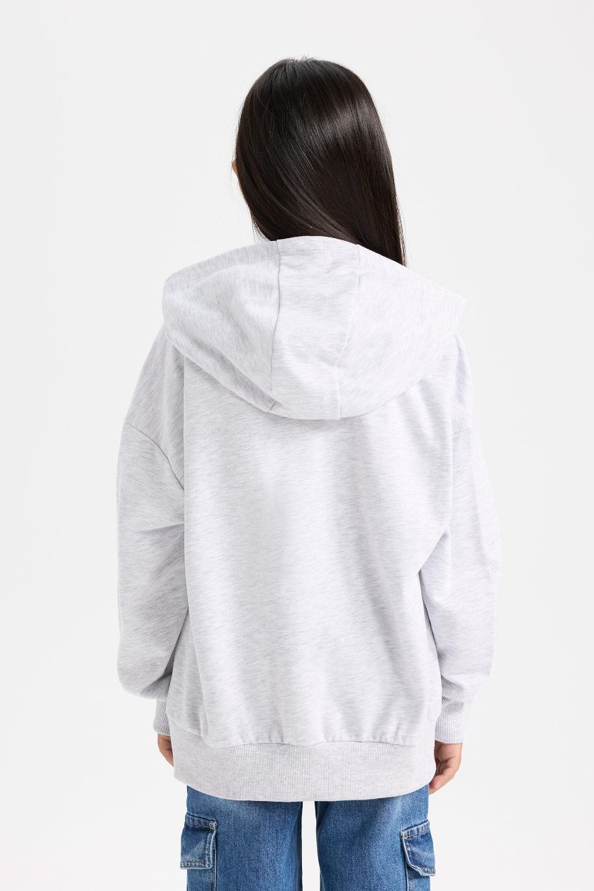GIRLS & TEENS Light Grey Melange Girl Oversize Hooded Printed Soft Furry Inside Sweatshirt