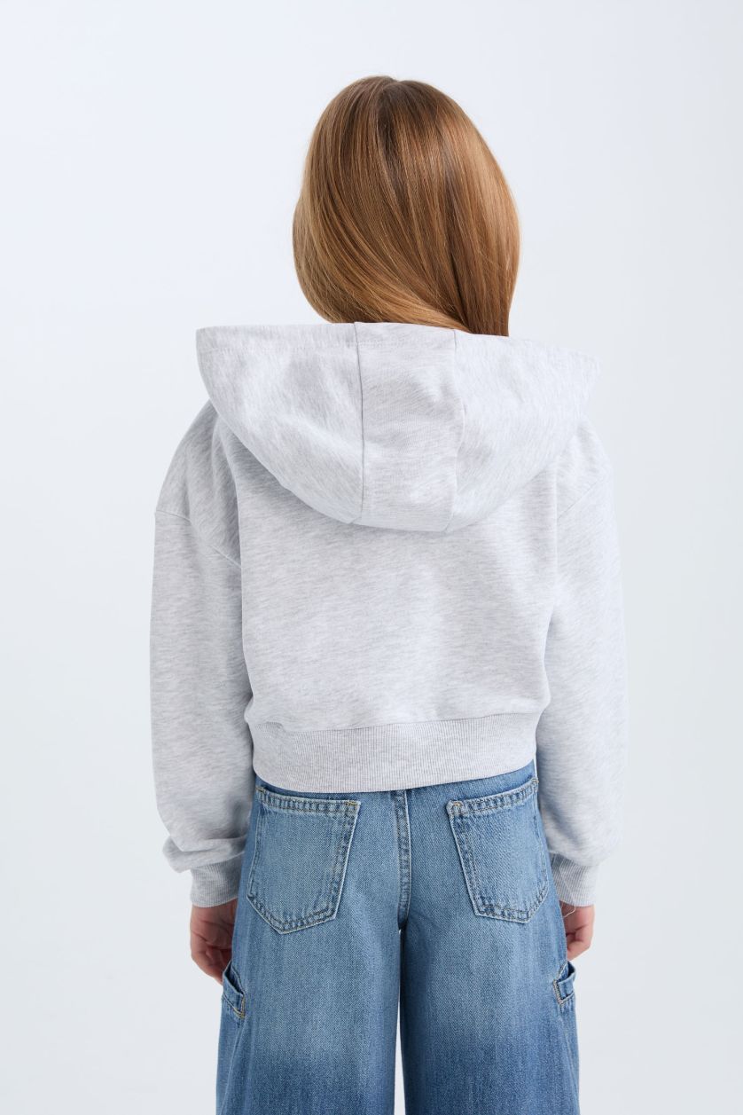 Kız Çocuk - Genç Kız Açık Gri Melange Baskılı Kapüşonlu İçi Yumuşak Tüylü Fermuarlı Sweatshirt Kız Çocuk