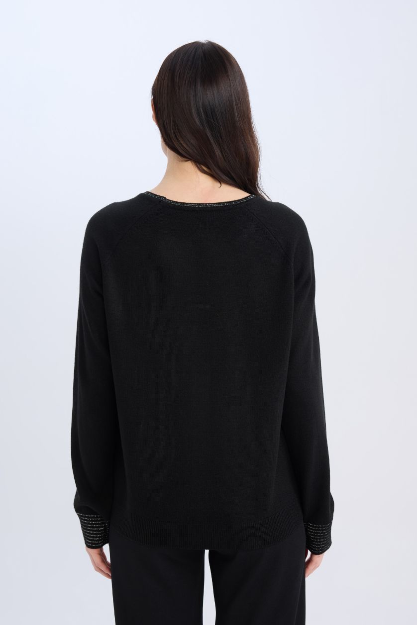 Kadın Siyah Regular Fit Bisiklet Yaka Simli Reglan Kol Siyah Triko Kazak Tunik