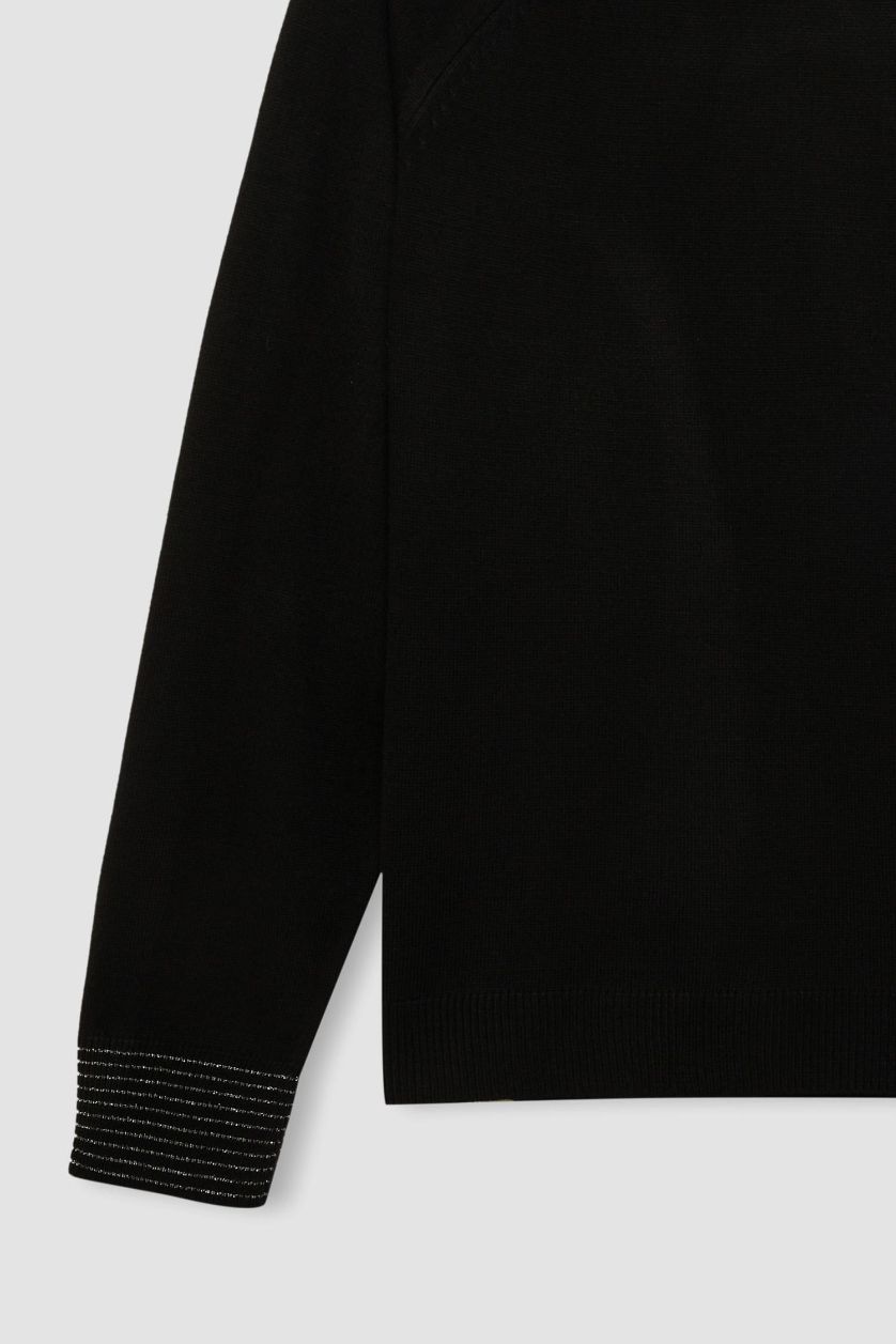 Kadın Siyah Regular Fit Bisiklet Yaka Simli Reglan Kol Siyah Triko Kazak Tunik