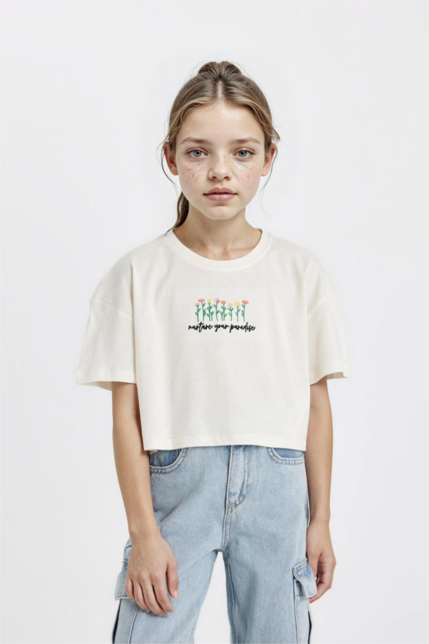Kız Çocuk - Genç Kız Ekru Crop Bisiklet Yaka Çiçekli Kısa Kollu Tişört Kız Çocuk