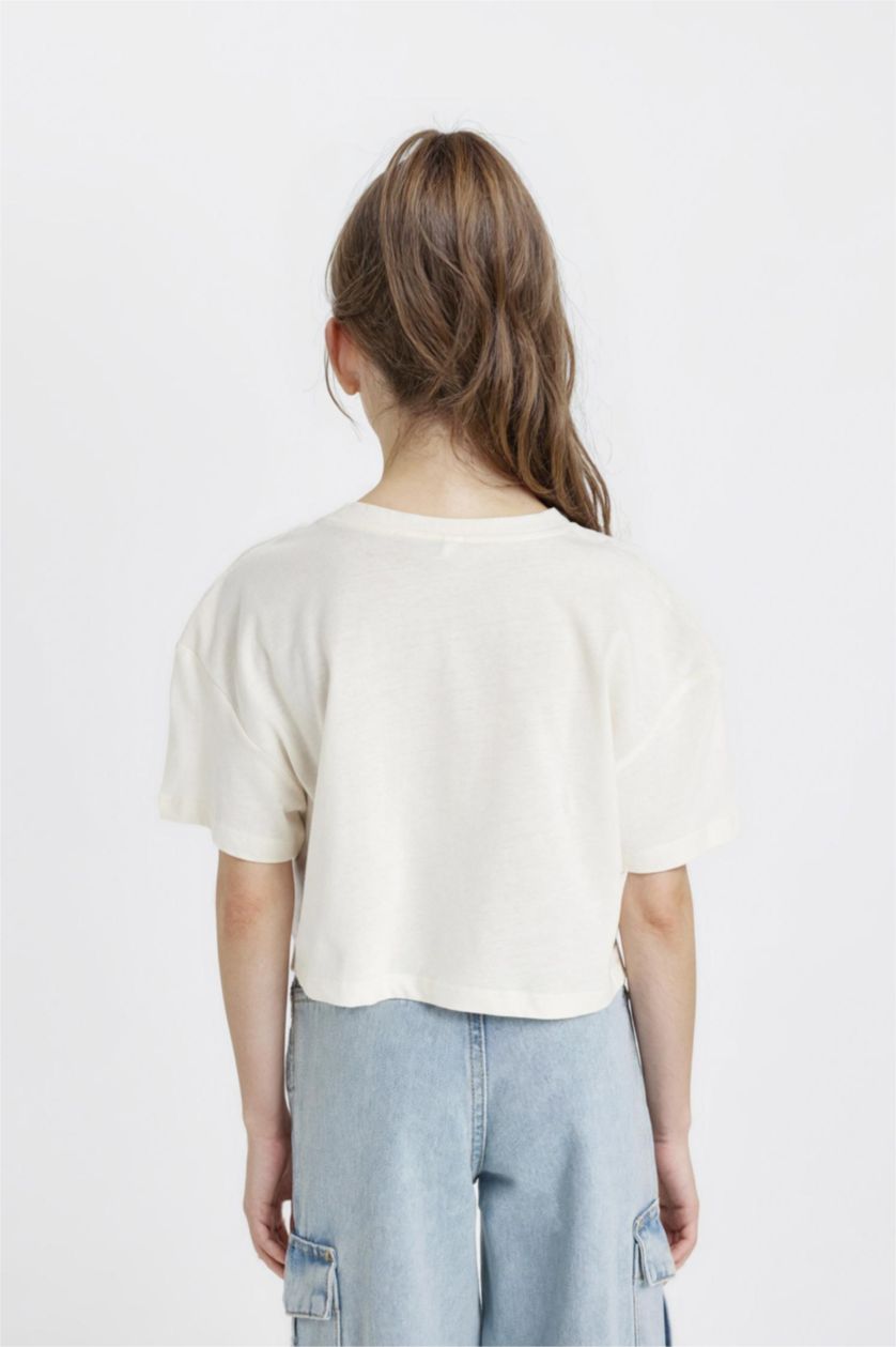 Kız Çocuk - Genç Kız Ekru Crop Bisiklet Yaka Çiçekli Kısa Kollu Tişört Kız Çocuk