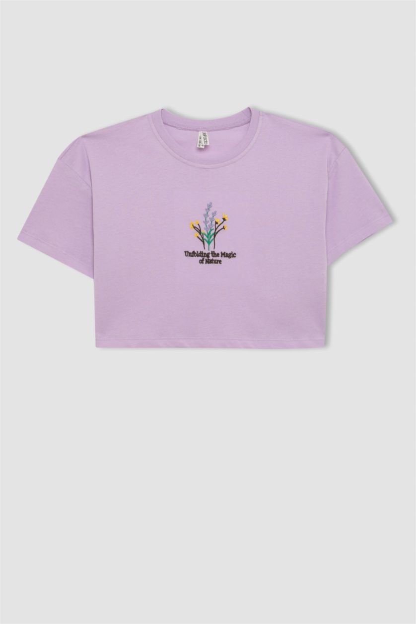 بنات أرجواني تيشيرت كروب بناتي فلورال نص ردن بياخة مستديرة