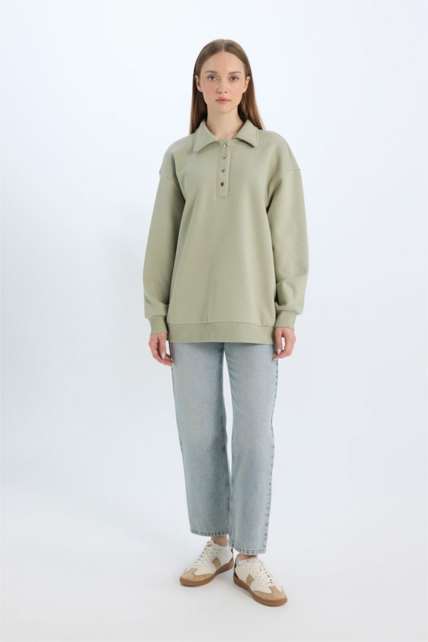 Kadın Mint Regular Fıt Kalın Sweatshirt Kumaşı Sweatshirt Tunik