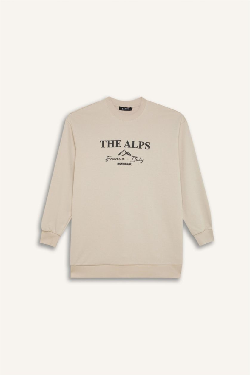 WOMAN Stone Regular Fit Printed Soft Furry Inside Sweat Tunic