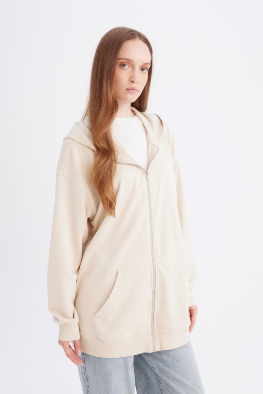 FEMME Beige Sweat à capuche basique épais avec fermeture éclair