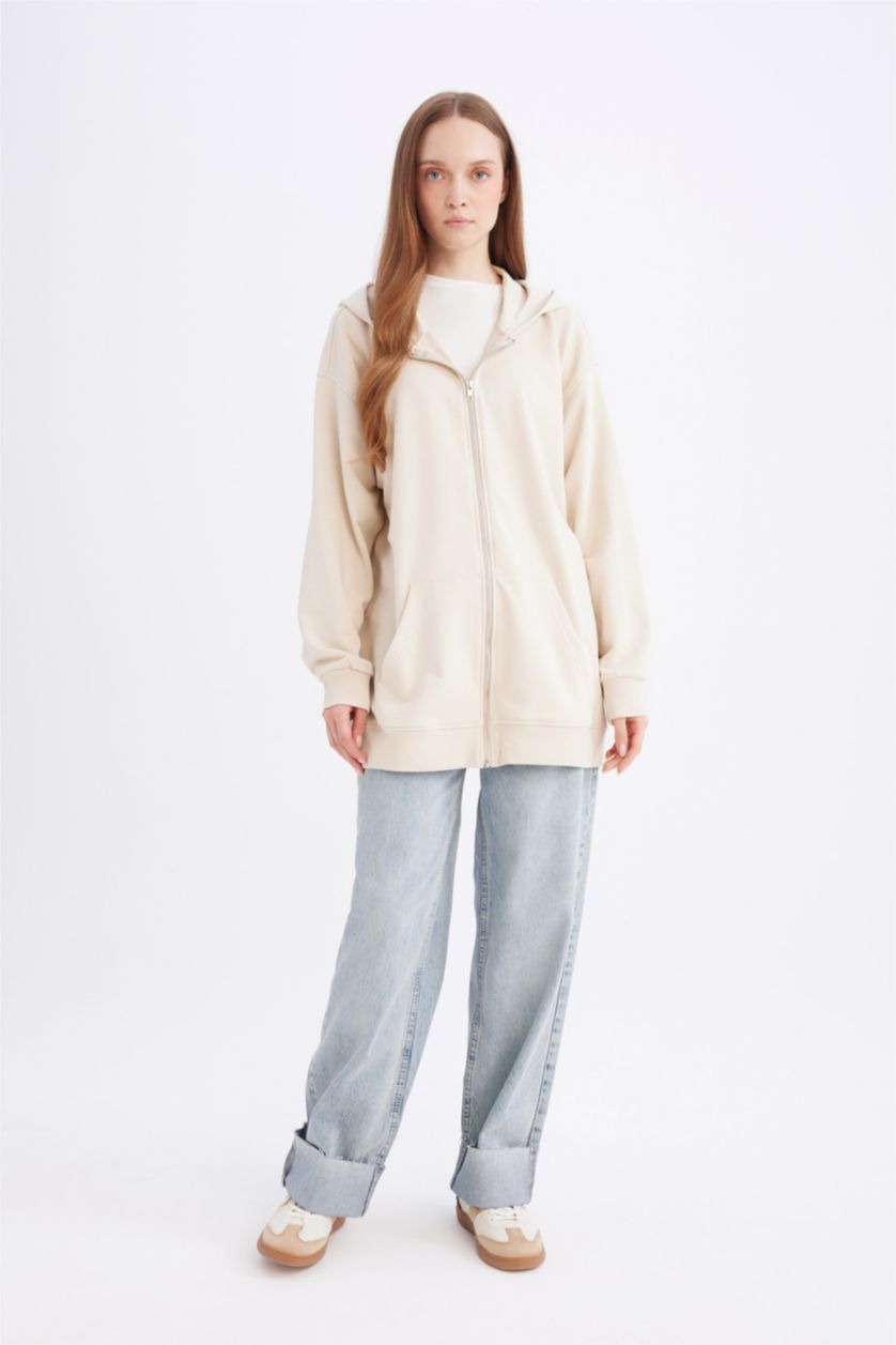 FEMME Beige Sweat à capuche basique épais avec fermeture éclair