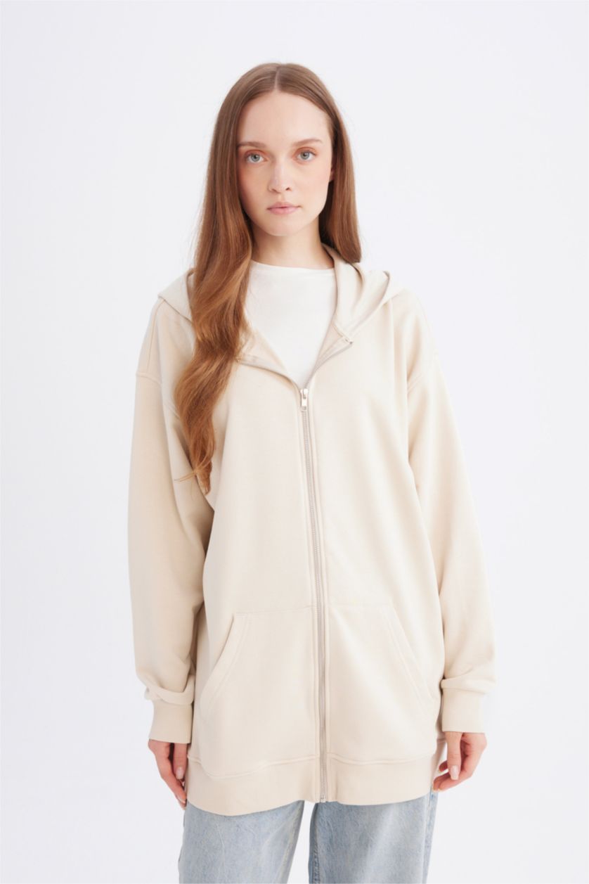 FEMME Beige Sweat à capuche basique épais avec fermeture éclair