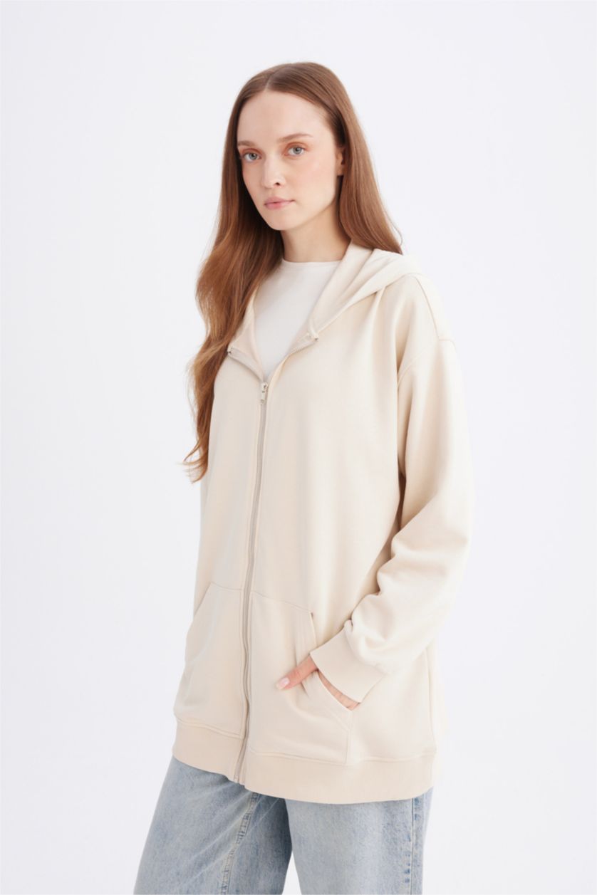 FEMME Beige Sweat à capuche basique épais avec fermeture éclair