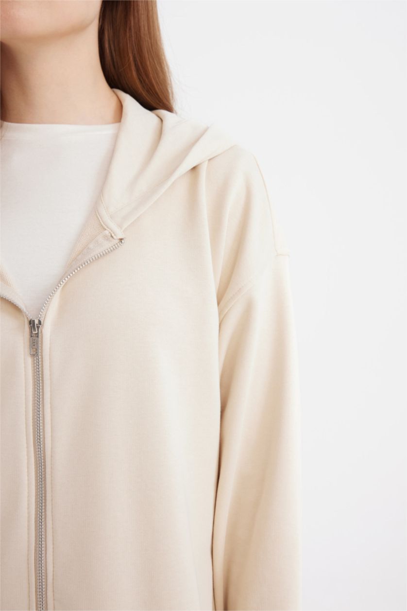 FEMME Beige Sweat à capuche basique épais avec fermeture éclair
