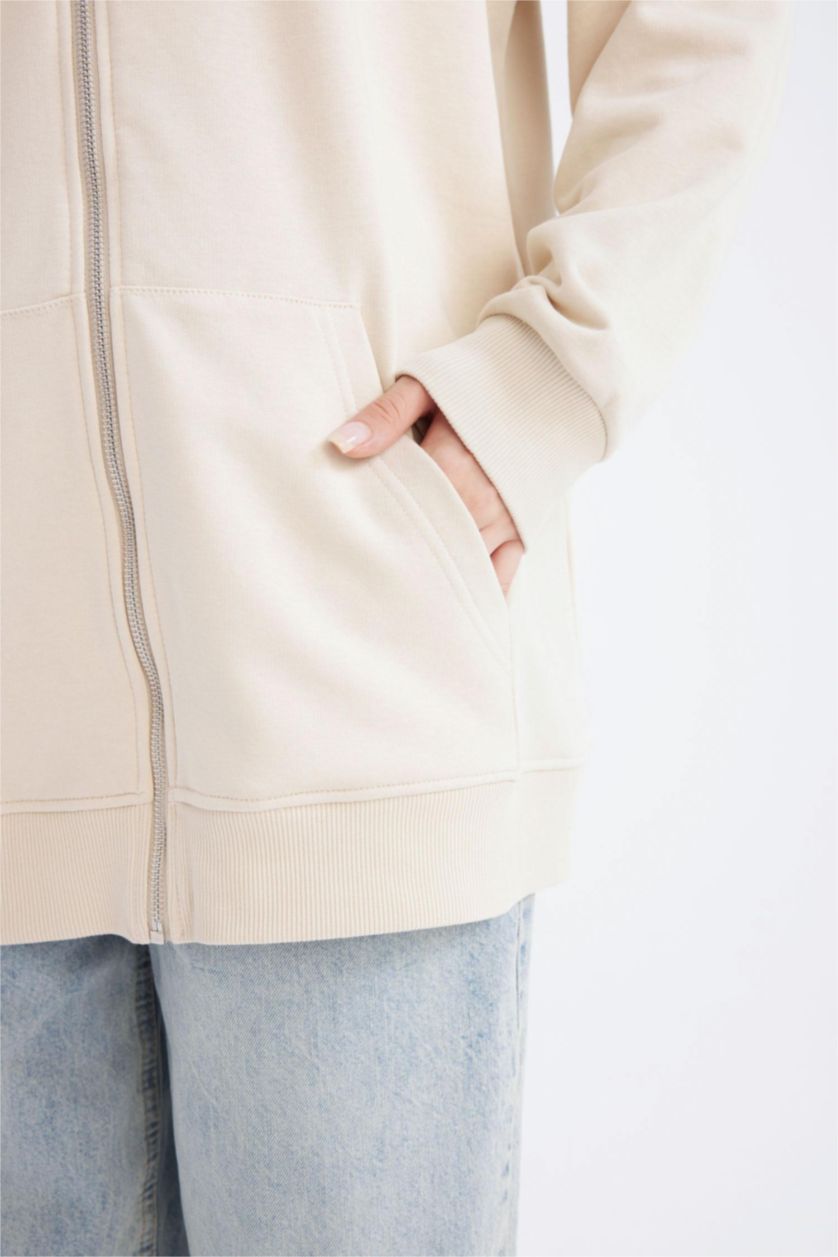 FEMME Beige Sweat à capuche basique épais avec fermeture éclair