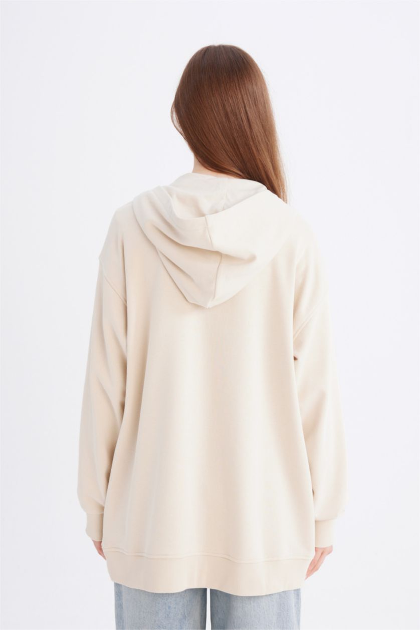 FEMME Beige Sweat à capuche basique épais avec fermeture éclair