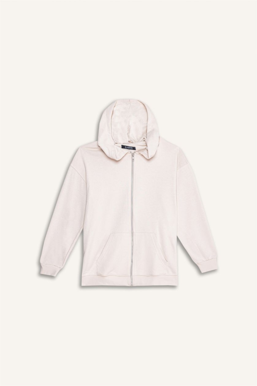 FEMME Beige Sweat à capuche basique épais avec fermeture éclair