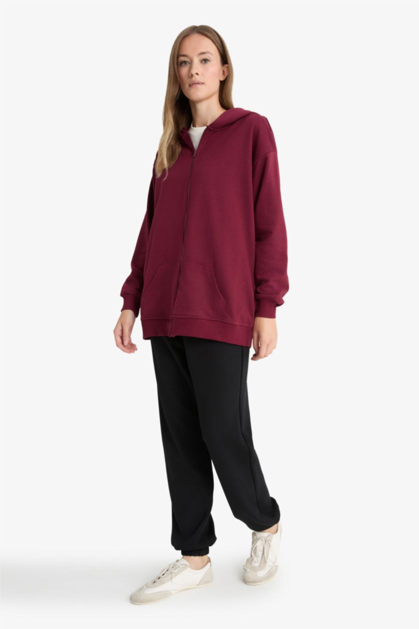 Woman Bordeaux Regular Fit Hooded Soft Lining Thick Fabric Cardigan